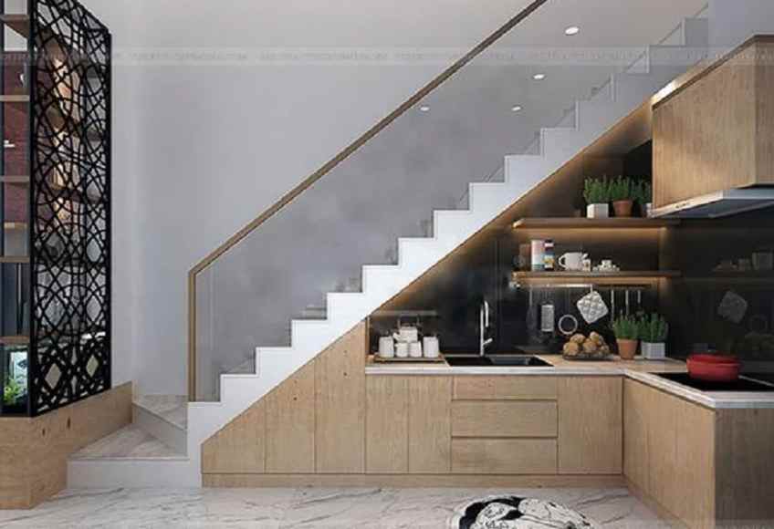 dapur mini bar bawah tangga model rapi