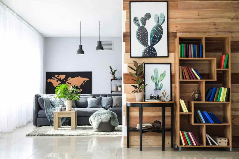 interior rak buku kayu