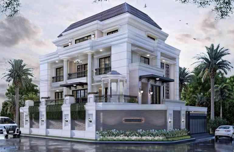Desain Rumah Putih Gaya Eropa 3 Lantai