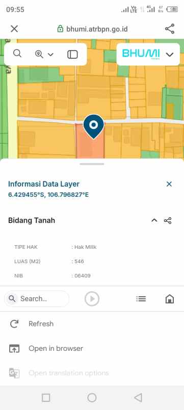 tanah persegi 546 meter cipayung depok