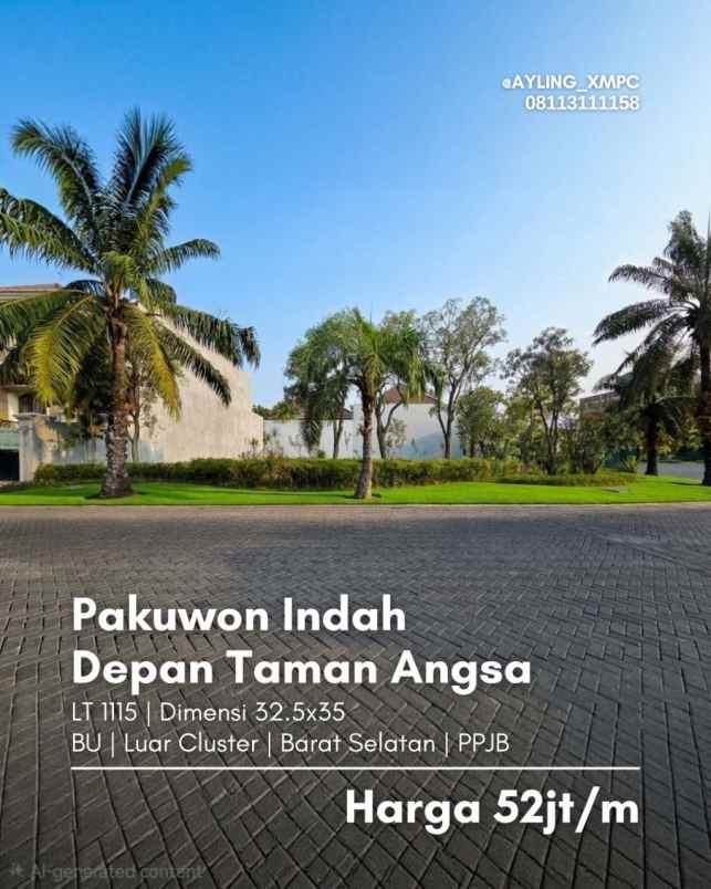 kavling pakuwon indah luar cluster depan taman angsa