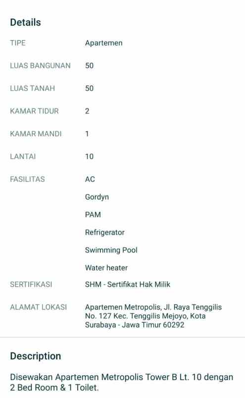 di sewakan aparement metropolis