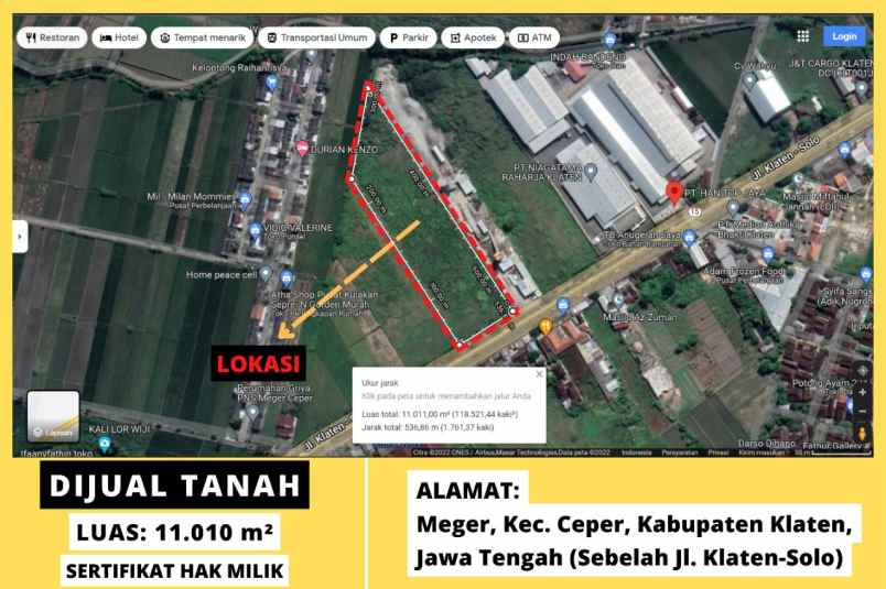 dijual tanah komersial luas 1 1 ha jl solo jogja