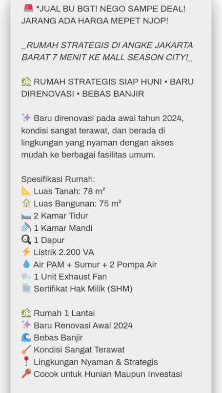 dijual rumah jln sama rasa angke