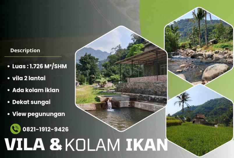 vila kolam ikan dekat sungai view pegunungan