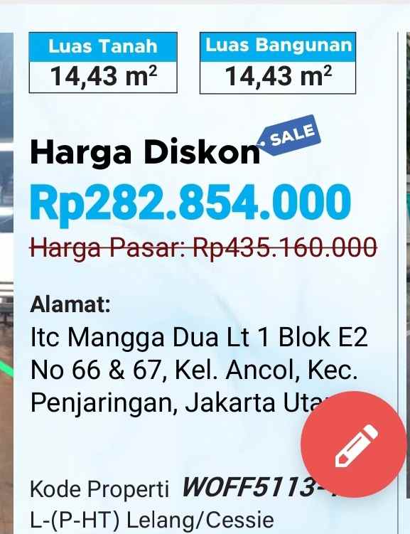 dijual kios lelang cassie itc mangga dua jakarta utara