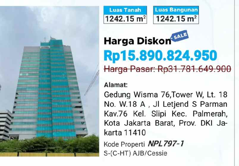 dijual secara lelang kantor di gedung wisma 76 jakarta