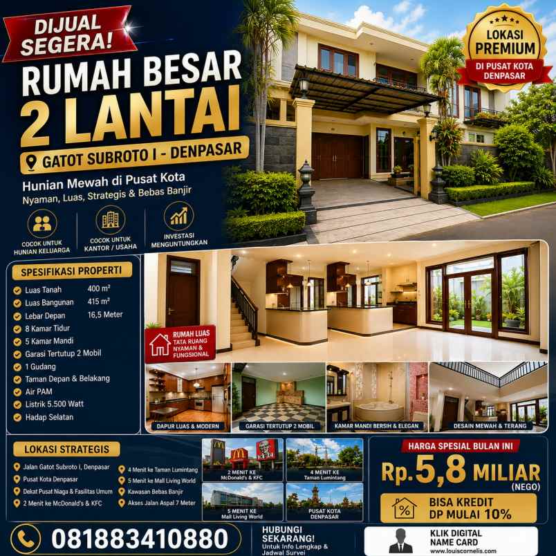 dijual segera rumah besar 2 lantai di gatsu denpasar