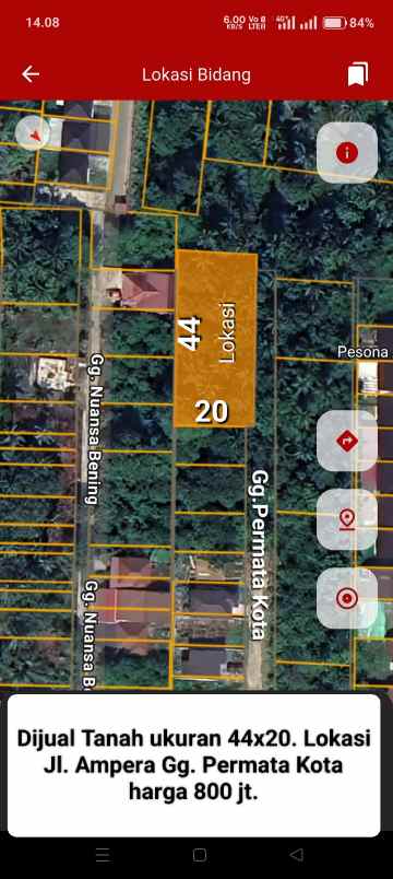 dijual tanah jalan ampera gang permata kota