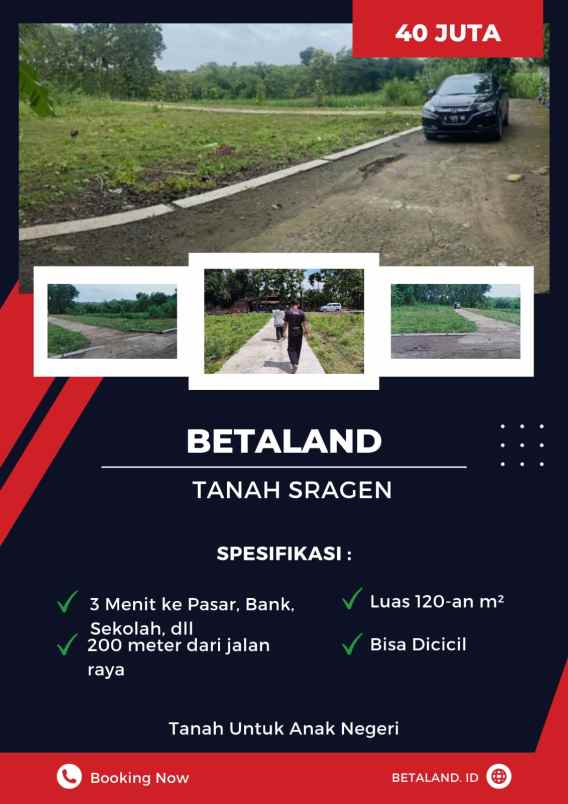 tanah kavling luas 100m harga 45juta free biaya biaya