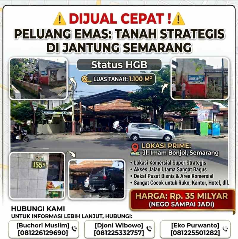 dijual tanah jl imam bonjol semarang