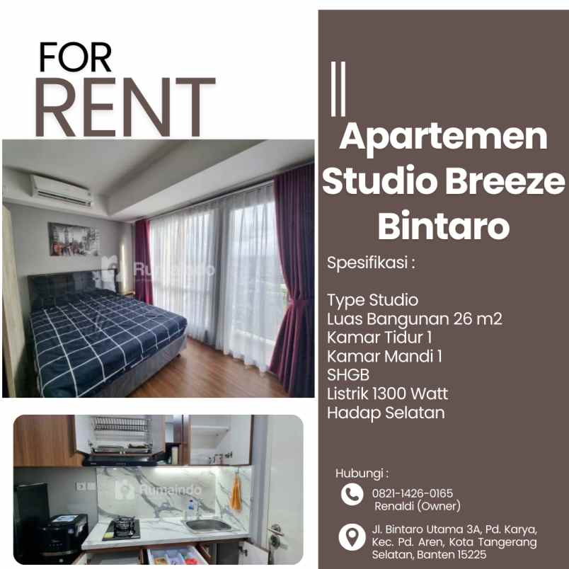 for rent apartemen studio breeze bintaro