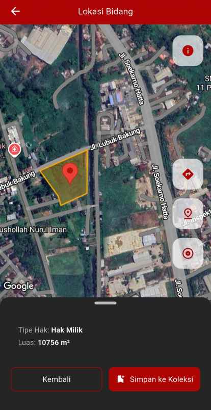 dijual tanah jalan lubuk bakung
