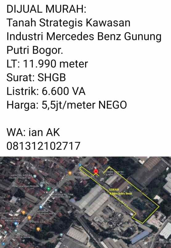 dijual tanah jl mercedes benz