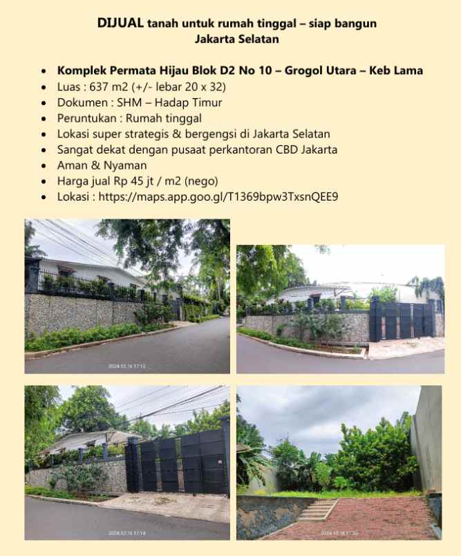 for sale tanah di kompleks permata hijau grogol