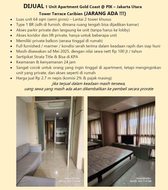 for sale apartemen gold coast pik