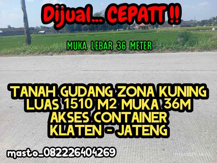 tanah untuk gudang 1550m2 muka 35m harga 1 6m