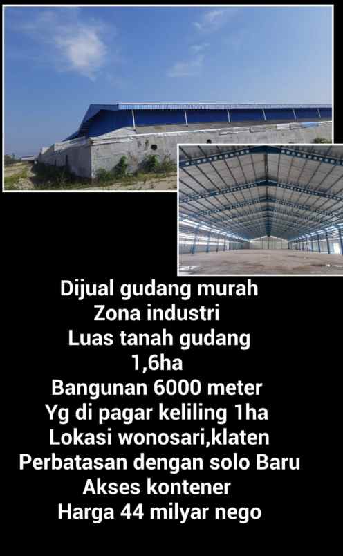 dijual gudang murah zona industri di wonosari klaten