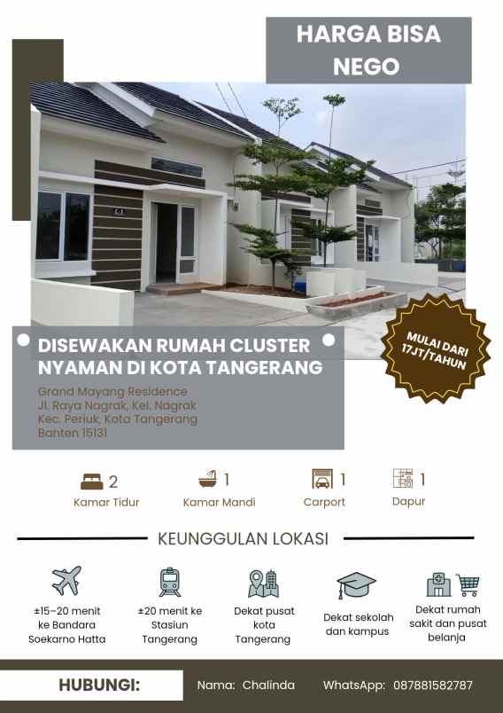 disewakan rumah cluster nyaman di kota tangerang