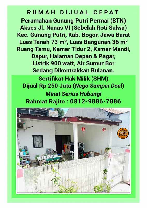 rumah siap huni halaman depan luas di btn gunung putri