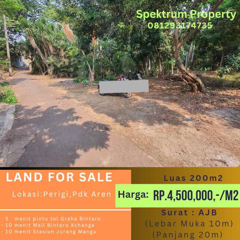 tanah 200m2 10x20 di parigi pdk aren rp 4 5jt m2