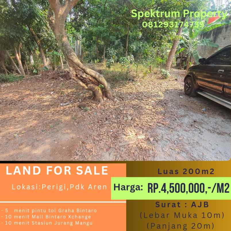 tanah 200m2 10x20 di parigi pdk aren rp 4 5jt m2