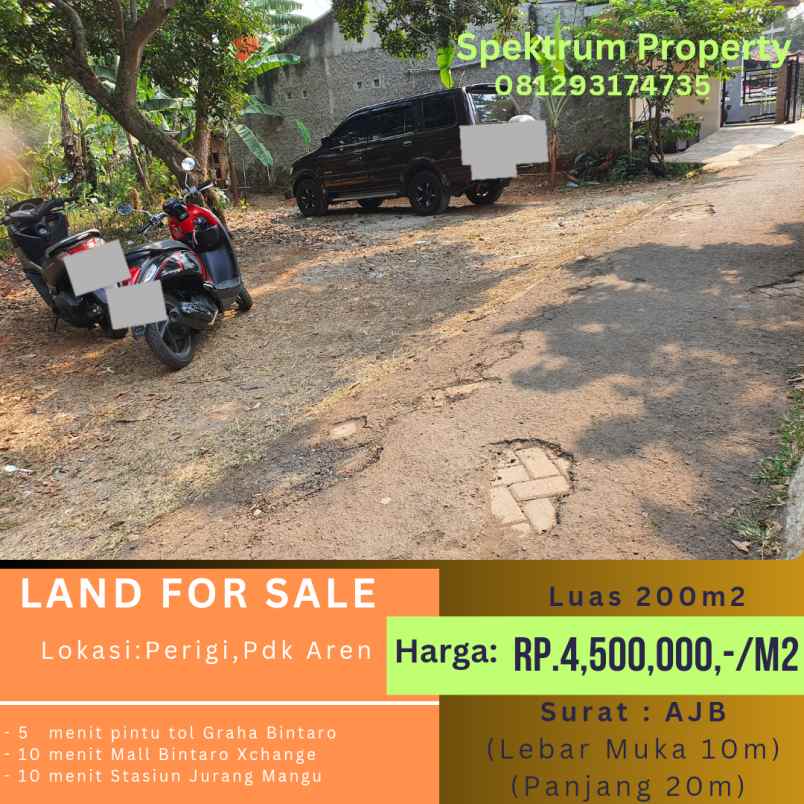 tanah 200m2 10x20 di parigi pdk aren rp 4 5jt m2