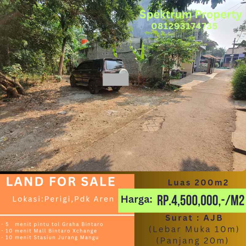tanah 200m2 10x20 di parigi pdk aren rp 4 5jt m2