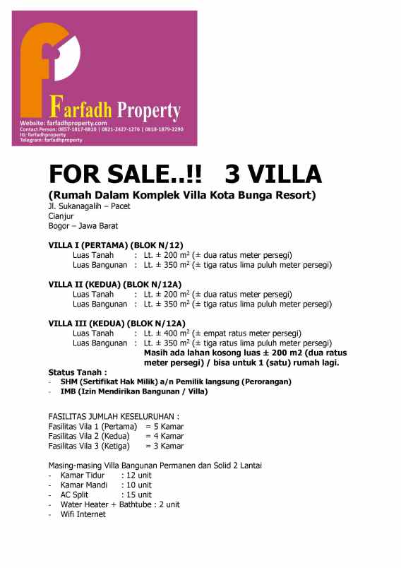 dijual villa jl sukanagalih pacet