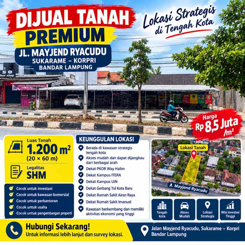 dijual tanah premium jalan mayjend ryacudu sukarame