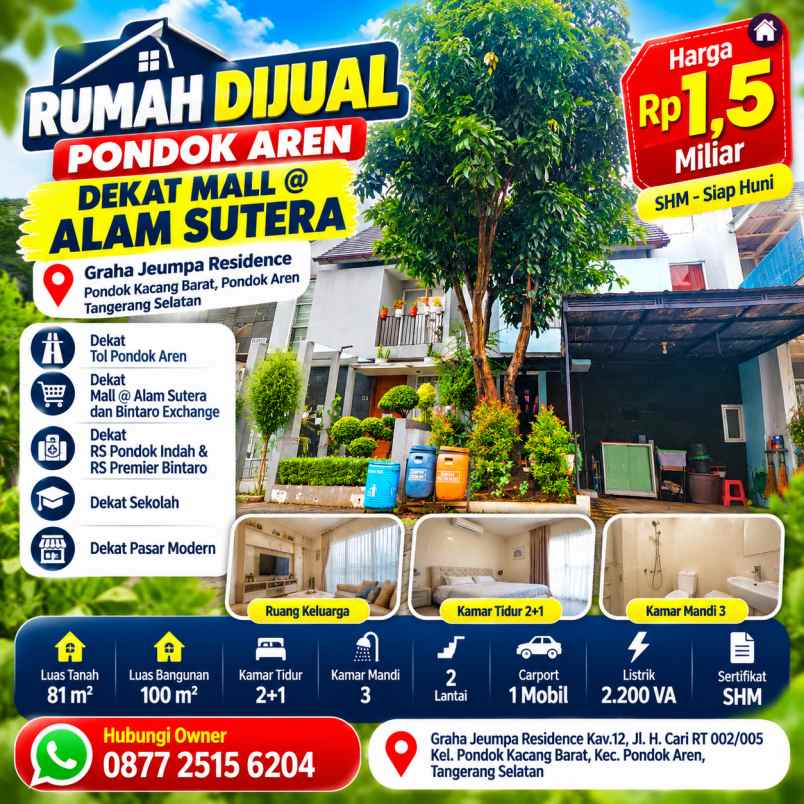 rumah dijual pondok aren dekat mall alam sutera shm