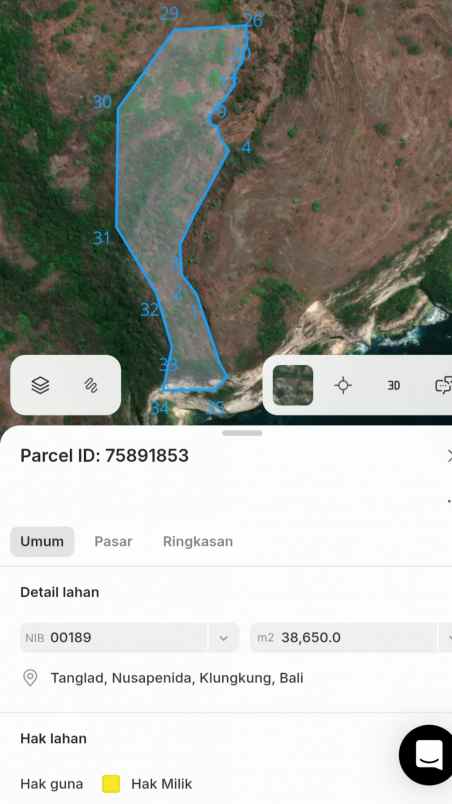 dijual 38 ha loss tebing tanglad nusa penida klungkung