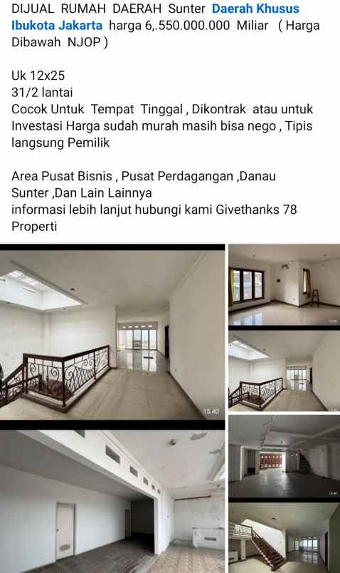dijual rumah tingkat murah daerah sunter