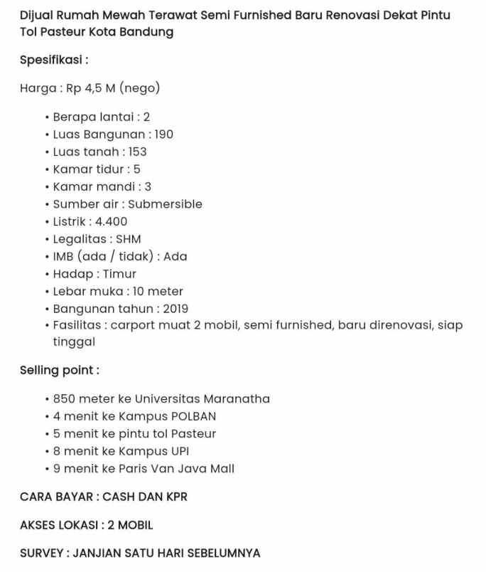 rumah dijual di pasteur mewah nyaman strategis