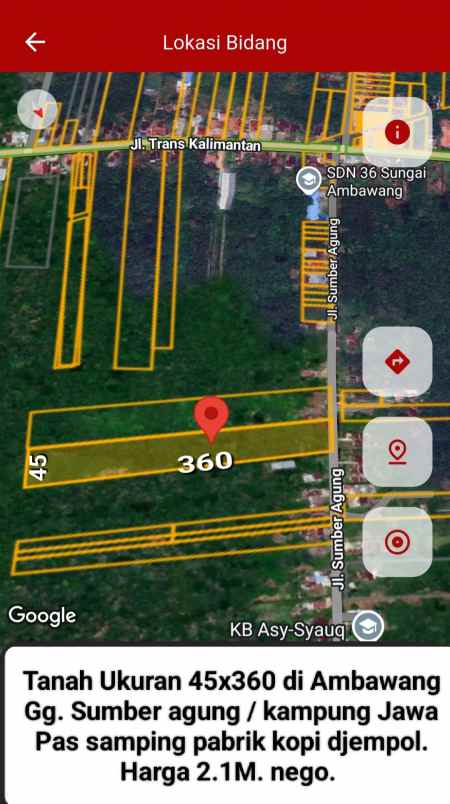 tanah ukuran 45x360 di ambawang gg sumber agung