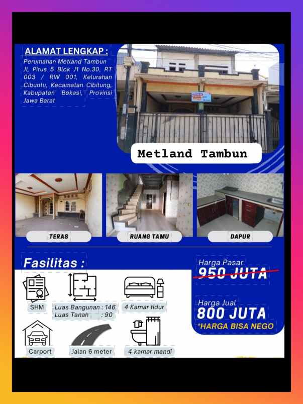 dijual rumah murah di perumahan metland tambun bekasi