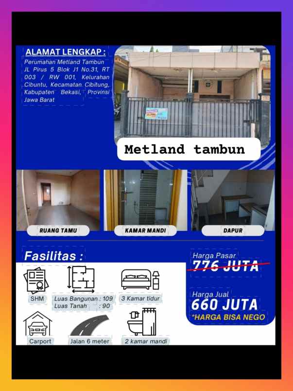 dijual rumah murah perum metland tambun bekasi