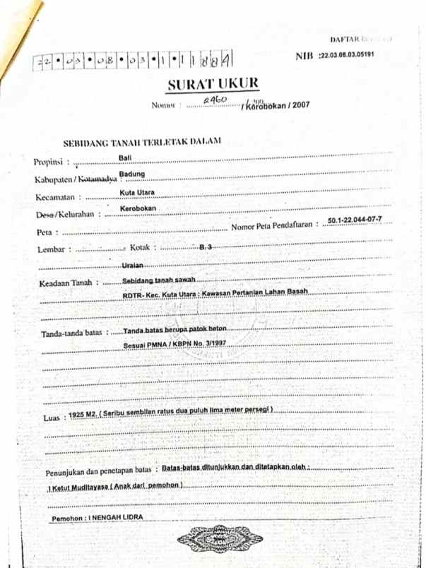 dijual tanah bumbak dauh