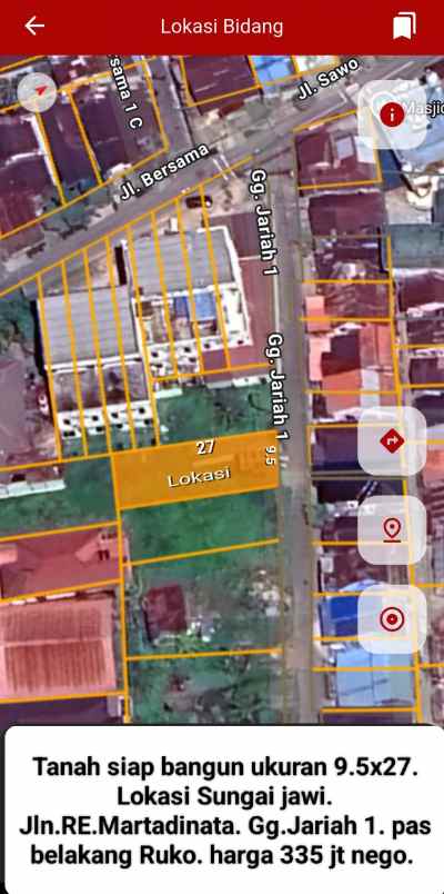 tanah siap bangun ukuran 9 5x27 lokasi sungai jawi