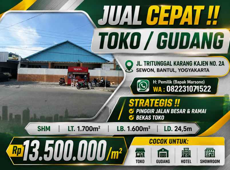 dijual ruko gudang kantor jl tritunggal karang kajen