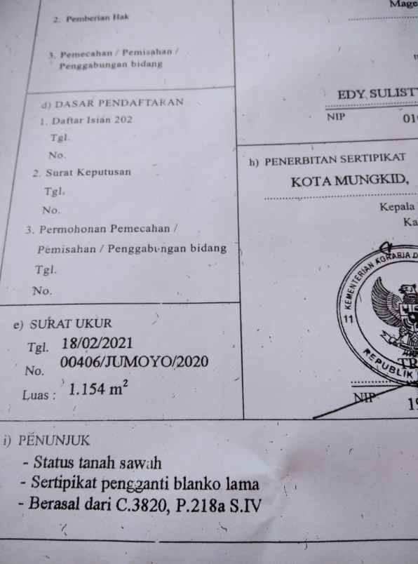 tanah di jumoyo muntilan kabupaten magelang