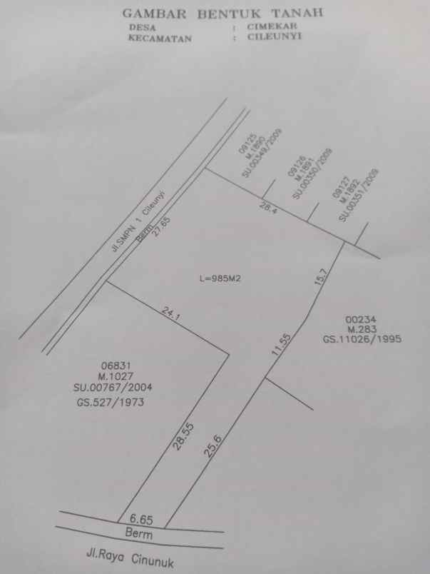 dijual tanah jl raya cinunuk cileunyi