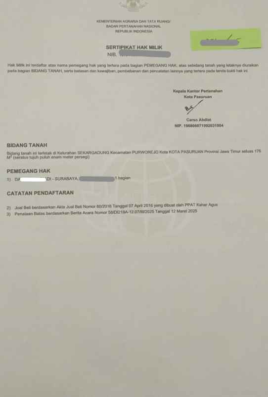 dijual tanah kapling di sekarsono kota pasuruan