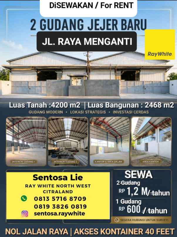 disewakan ruko gudang kantor jalan raya menganti