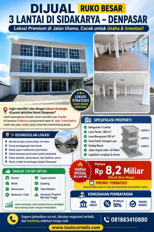 dijual murah ruko besar 3 lantai di sidakarya denpasar