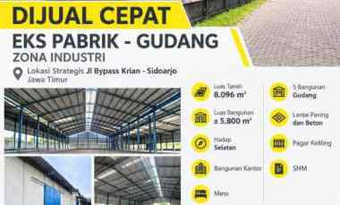 Dijual 8096 m2 Ex Pabrik Bypass Krian Sidoarjo Jatim Zona Industri