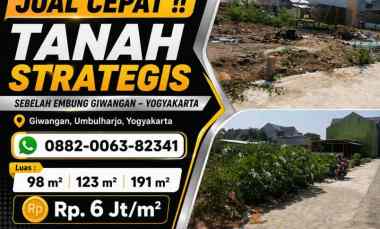 Dijual Tanah Shm Strategis Sebelah Embung Giwangan Yogyakarta, Murah
