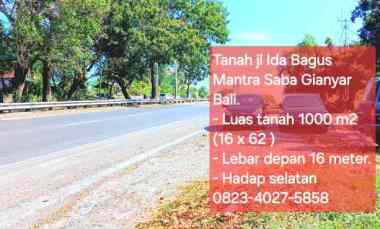 Dijual Tanah 1000 m2 jl Ida Bagus Mantra Saba Gianyar Bali