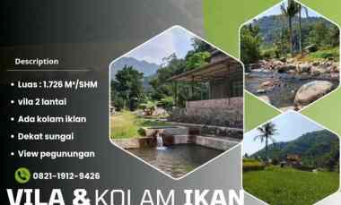 vila kolam ikan dekat sungai view pegunungan